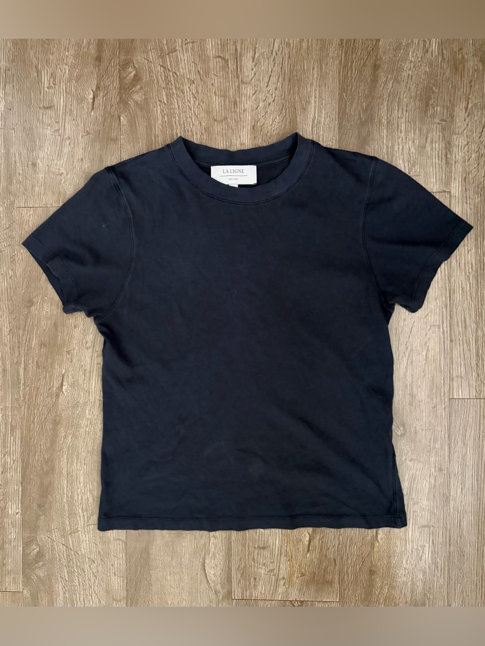 La Ligne New York Navy 100% Cotton James Tee Sz M Grosgrain Ribbon Back Seam